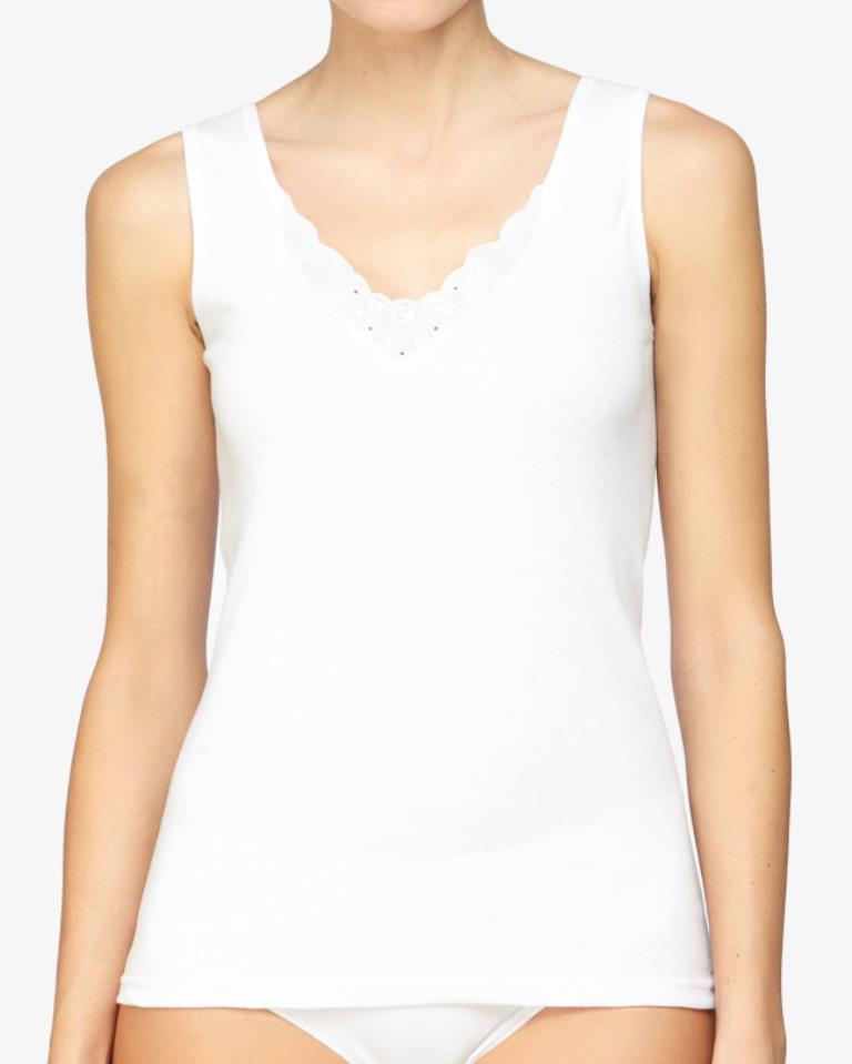 Cotton wide strap t-shirt with embroidered neckline