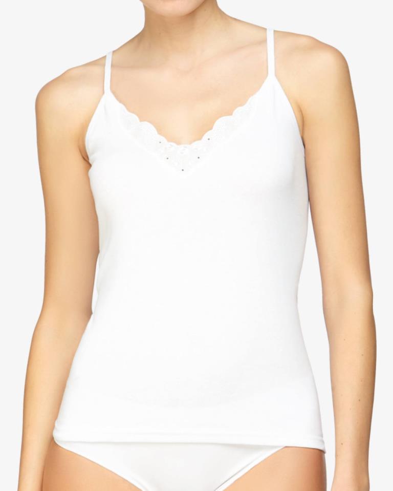Cotton tank top with embroidered neckline
